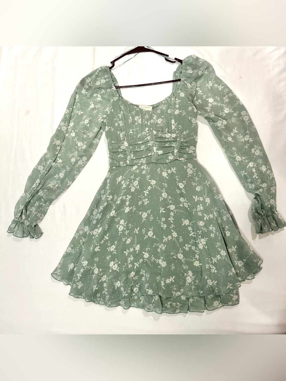 Sage Green Floral Long-Sleeve Square Neck Mini Dress, Lined